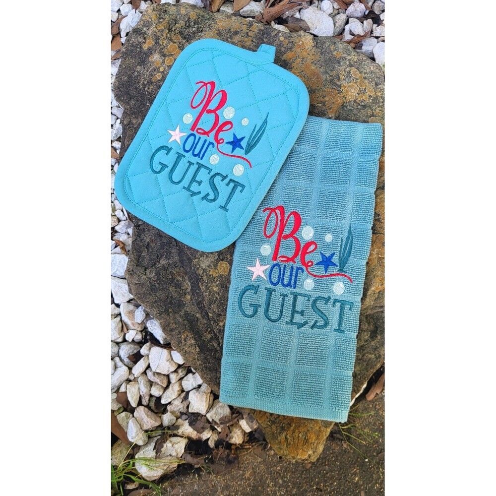 FREE SHIP Be our guest Little Mermaid embroidered kitchen set towel pot holder